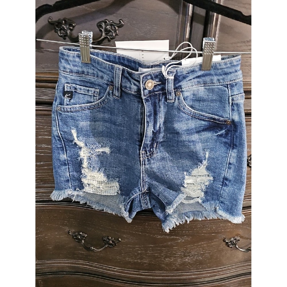 KanCan High Rise Distressed Denim Shorts Frayed Hem Medium Wash Blue Small